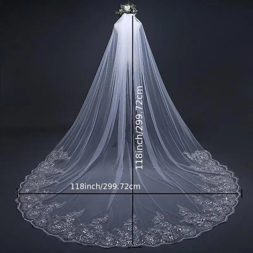 Floral and Sequin Cathedral Bridal Wedding Veil With Comb Ivory Veil White Veil - Picture 6 of 8